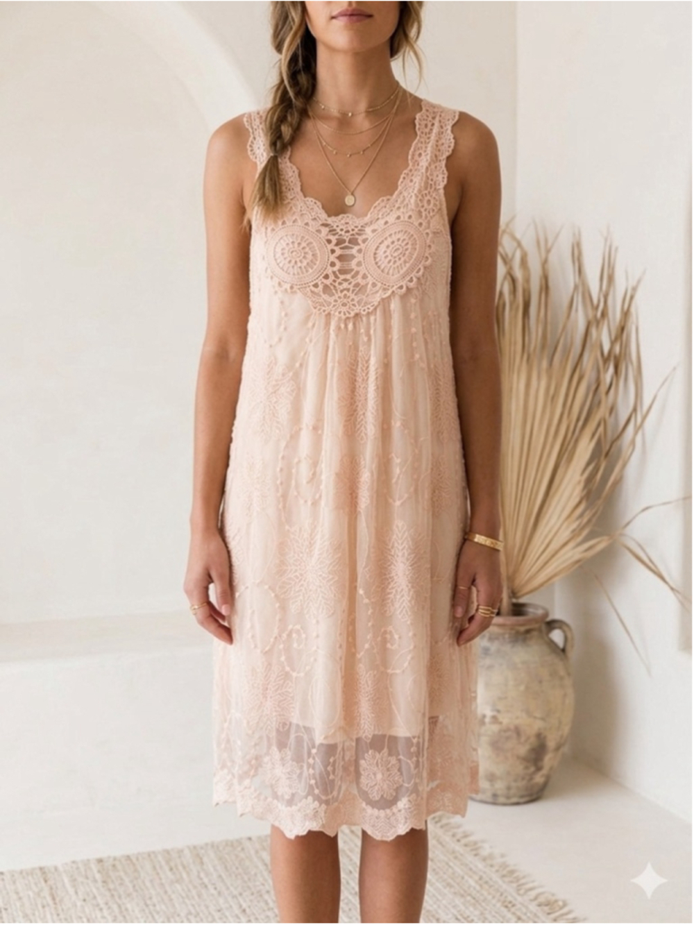 Pinky Crochet Lace Embroidered Mesh Overlay Dress Pink Blush Romantic Cottage M
